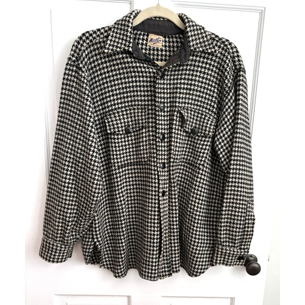Vintage Melton Union Made Houndstooth Wool Shirt Jacket Black White Mens L